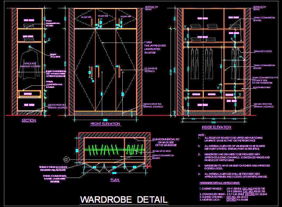 Wardrobe Design DWG- 3 Shutters & Overhead Storage